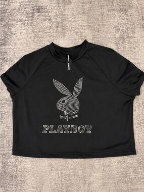 PLAYBOY Black Short Sleeve Tee with Rhinestone Bunny Logo